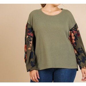 New Umgee Top Waffle Knit Floral Long Puff Sleeve Boho Peasant Plus Size